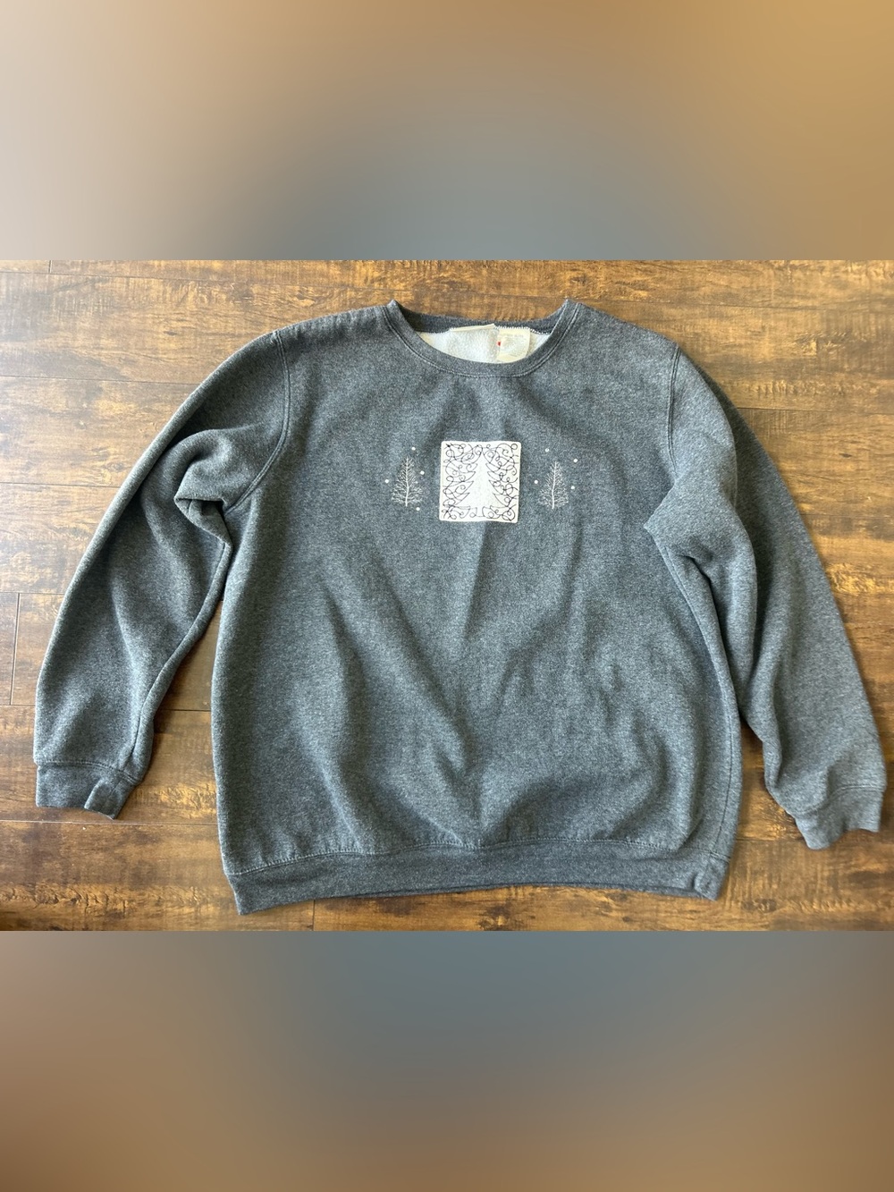 Women's Gray Crewneck Sweater with Decorative Chest Panel